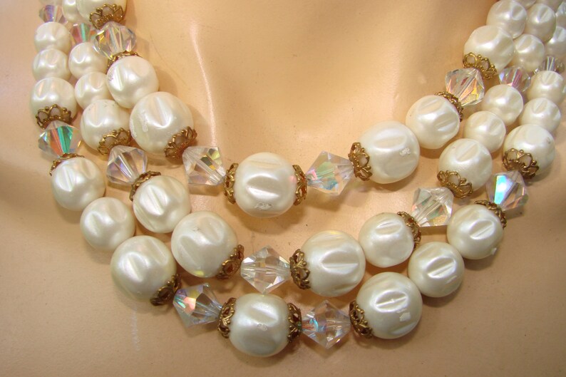 3 strands white and AB beads with gold tone findings chunky Lovely mid century classic perfect for any outfit. vintage necklace