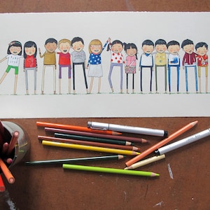 Könnte beinhalten: Eine Aquarellillustration einer Gruppe von Kindern, die in einer Reihe stehen. Die Kinder tragen alle verschiedene Kleidung und haben verschiedene Frisuren. Die Illustration ist in einem skurrilen Stil gehalten und eignet sich perfekt für ein Kinderbuch oder eine Kinderzimmerdekoration.