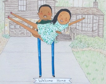custom couple portrait with scenery | hand drawn | unique gift | Housewarming gift | Goodbye gift | New Home | Thank You Gift | realtor gift