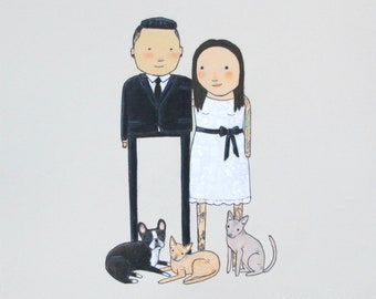 Hand-drawn wedding portrait with pets | fur family | gift for partner | gift for couple | hairless cat | gift for couple | portrait with pet