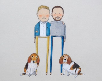 custom couple portrait + 2 dogs | hand drawn, quirky, thoughtful gift | pet portrait | first anniversary | birthday | wedding gift