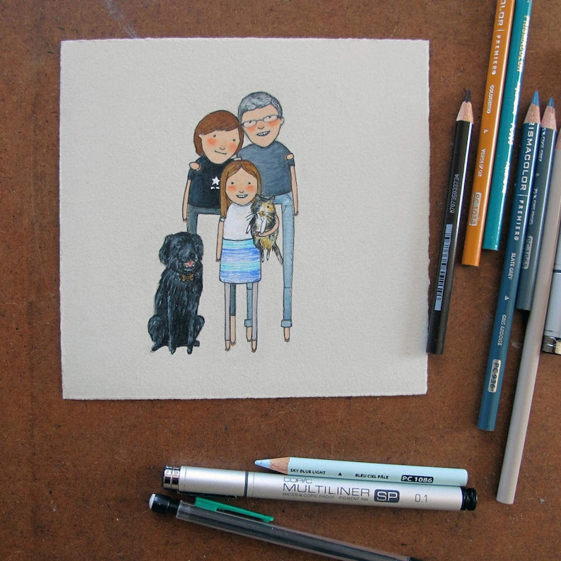 Mother/'s day adoption. anniversary family portrait custom family portrait with pets birthday Hand-drawn unique gift