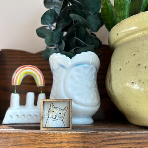 May include: A small, square wooden frame with a watercolor painting of a cat's face. The cat has orange and gray markings. A rainbow decoration and a white vase are also visible.