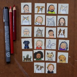 May include: A collection of small, square illustrations featuring portraits of people and animals. The portraits include cats, dogs, a rabbit, and a turtle. A black marker and two red pencils are in the upper left corner.