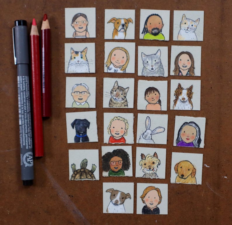 May include: A collection of small, square illustrations featuring portraits of people and animals. The portraits include cats, dogs, a rabbit, and a turtle. A black marker and two red pencils are in the upper left corner.