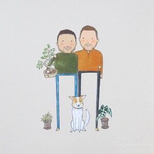 custom couple portrait with dog and objects | hand drawn original portrait | unique gift | birthday gift | anniversary gift | gift for him