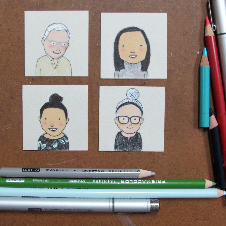 May include: Four hand-drawn illustrations of people on individual white squares. The illustrations are in black, white, and grey. The people are wearing various clothing and accessories.