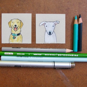 May include: Two small drawings of dogs on beige paper. The dog on the left is a yellow Labrador Retriever with a blue collar. The dog on the right is a white dog with black eyes. The drawings are surrounded by colored pencils.