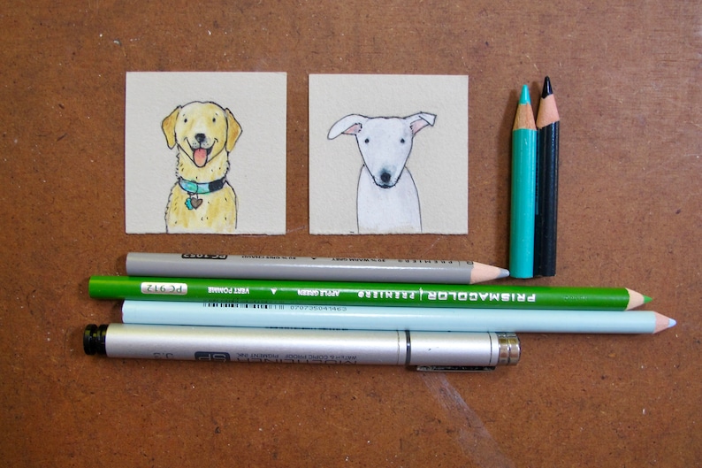 May include: Two small drawings of dogs on beige paper. The dog on the left is a yellow Labrador Retriever with a blue collar. The dog on the right is a white dog with black eyes. The drawings are surrounded by colored pencils.