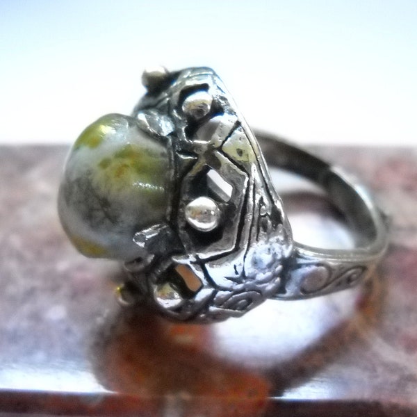 Miracle Vintage Ring Scottish Celtic Ring Designer Signed Green Connemara Marble stoneCabochon Adjustable Gothic Boho