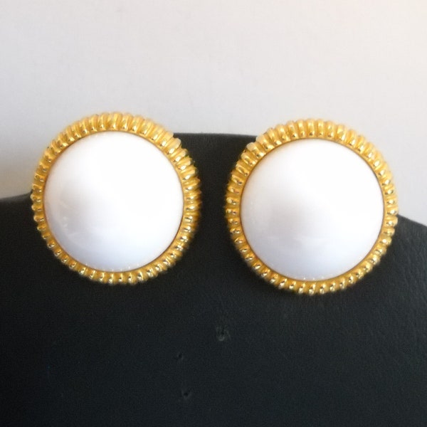 Pauline Rader Earrings White Cabochon Gold Metal Dome Earrings Cabochon Clip Signed Vintage Mid Century White Gold Statement
