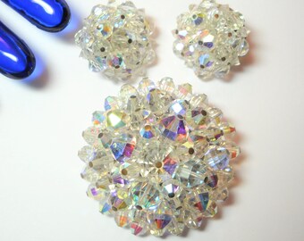 Vintage Aurora Borealis Rhinestone Brooch and Earrings Set