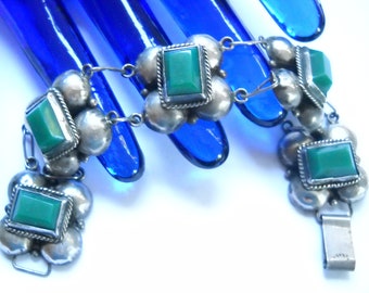 Vintage Bracelet Silver Jadeite Mexico Link Brace Green Jade Jadeite Puffy Silver Panels Chain Link Boho Vintage Mexico