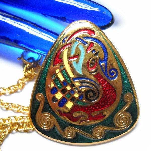 Tara Ware Vintage Tara Ware Celtic Bird Enamel Art Ireland Brooch Pendant Necklace Gold Tone Metal Mid Century Boho Statement Jewelry