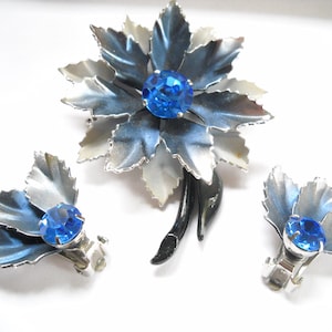 Vintage Coro Jewelry Set Enamel Metal Rhinestone Flower Blue Gray Brooch Earring Set Designer Signed Mid Century Flower Lover