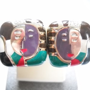vintage Abstract Earrings Enamel Face Earrings Clip on Square Faces Purple Brown Green Black Boho Statement Boucles d’oreilles Avant Garde