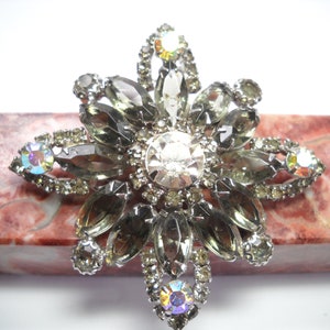 Vintage Brooch Star Black Diamond Rhinestones Aurora Borealis Rhinestones Open Backed Prong Set Statement Mid Century Hollywood Regency
