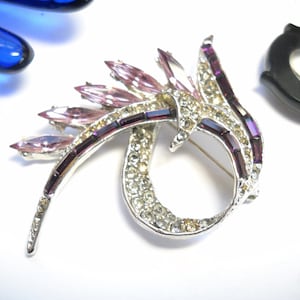 Vintage Brooch Purple Rhinestone Modernist Retro Art Deco Feather Pave Set Amethyst Baguettes Curved Plume Statement Brooch