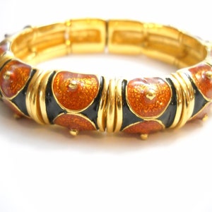 Vintage Joan Rivers Enamel Bracelet Hinged Enamel Black Tan Brown Gold tone Dots Raised Metal Designer Signed Tribal Boho Statement