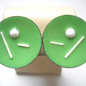 Vintage Enamel Earrings Green White Discs Mid Century Modern MCM Abstract Earrings on Copper Screw Back Cluster Earrings Avant garde