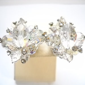 Vintage Vendome Earrings Clip on Clear Cluster Aurora Borealis Rhinestone Clear Rhinestone Silver Leaves Statement Designer Mid Century