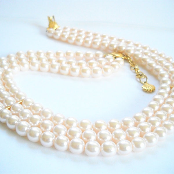 Vintage Pearl Richelieu Necklace Soft Pink Three Strand Faux Pearl Necklace Seashell Clasps Extender Designer Signed Richelieu Mid Century