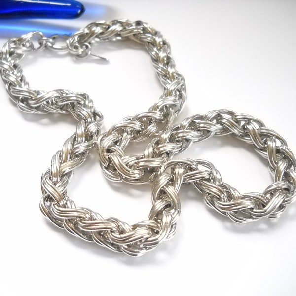 Vintage Napier Chain Necklace Designer Signed Napier Silver tone Thick Woven Chain 18" Chain Statement Necklace Boho Mid Century