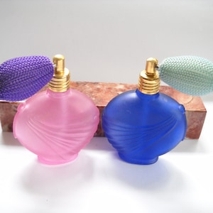 Vintage Perfume Bottles Frosted Pink Cobalt Blue Glass Perfume Bottle w Atomizer Bottle Spray Mid Century Vanity Storage