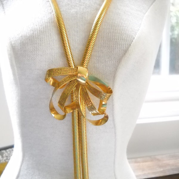 Vintage Necklace Snake Chain Choker Retro Slide Lariat Style Bow Necklace Gold tone Metal Mid Century Statement Necklace Gift