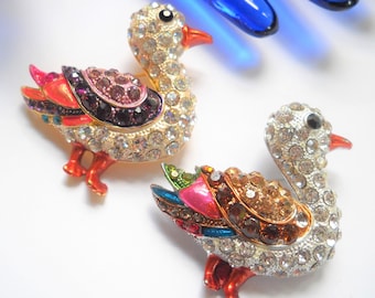 Vintage Brooch Set Duck Duckling Brooch Set Rhinestone Enamel Gold Silver Tone Waterfowl Brooches Statement Boho