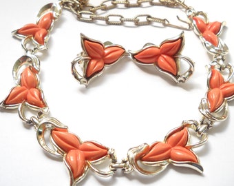 Vintage Coral Lucite Tropical Leaf Necklace Earring Set