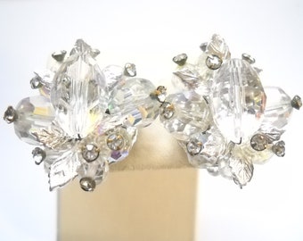 Vintage Vendome Earrings Clip on Clear Cluster Aurora Borealis Rhinestone Clear Rhinestone Silver Leaves Statement Designer Mid Century