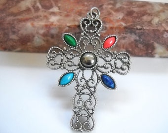 Vintage Avon Cross Pendant, Silver Tone Filigree, Faux Gemstones, 1970s