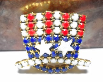 Vintage Brooch Red White Blue Uncle Sam Hat Patriotic Hat Top Hat Rhinestones White Enamel Stars Mid Century Lapel Pin