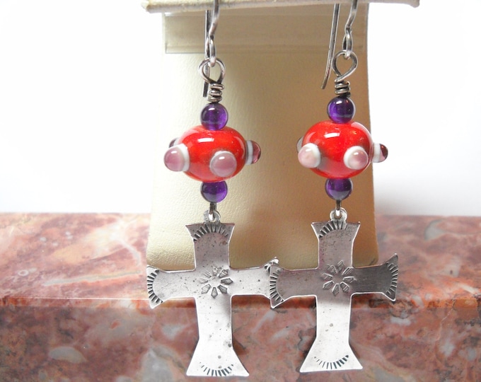 Vintage Cross Earrings Silver Cross Red Bumpy Art Glass Beads Wire