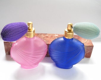 Vintage Perfume Bottles Frosted Pink Cobalt Blue Glass Perfume Bottle w Atomizer Bottle Spray Mid Century Vanity Storage