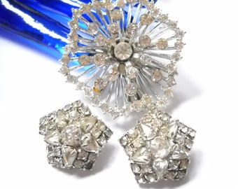 Vintage Strass Schmuck Set: Starburst Brosche, Stern Ohrringe