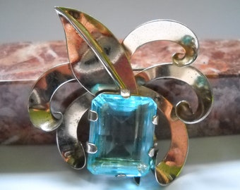 Vintage Sterling Silver Brooch: Aqua Glass Stone, Mid Century Floral Leaf