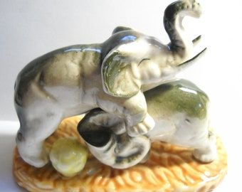 Vintage Elephant Figurine Knick Knack Bone China Elephants at Play Elephants w Ball Happy Elephants Good Luck Elephant Lover Paperweight