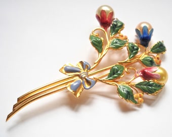 Vintage Big Flower Bouquet Brooch Pearls Enamel Gold tone Metal 1940s Big Bold Brooch Floral Bouquet Red Pink Blue Mid Century Colorful