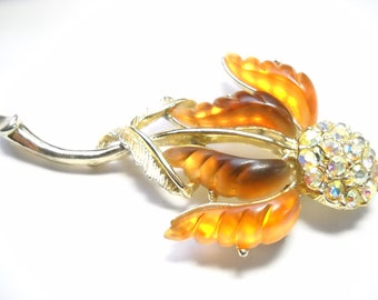 Vintage Brooch Lucite Flower Aurora Borealis Rhinestones Topaz Orange Yellow Flower Mid Century Statement Brooch Flower Lover Brown Gold