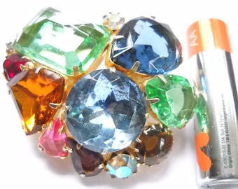 Fruit salad Brooch Vintage Brooch Jewel Tone Glass Rhinestones Green Blue Yellow Pink Stones Open Back Prong Set Statement Mid Century