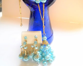 Vintage Mid Century Blue Crystal Tassel Jewelry Set