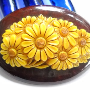 Vintage Brooch Celluloid Flowers Yellow Daisy Flowers on Wood Wooden Carved Molded Celluloid Flowers Floral Oval Brooch Art Deco