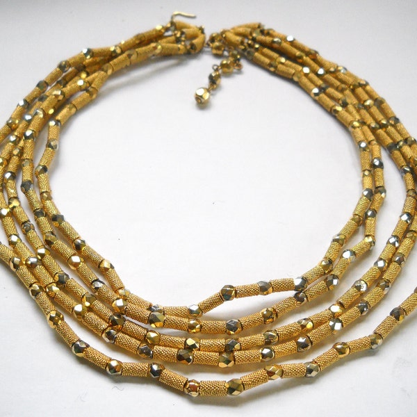 Vintage Trifari Necklace Gold Aurum Beaded Five Strand Crown Trifari Designer Signed Gold Beaded Trifari Jewelry Mid Century