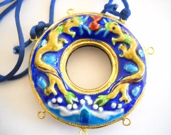 Vintage Chinese Pendant Enamel Dragon Pendant Blue Yellow Big Bold Pendant Silk Rope Pendant Necklace Year of Dragon Circle Boho Gift