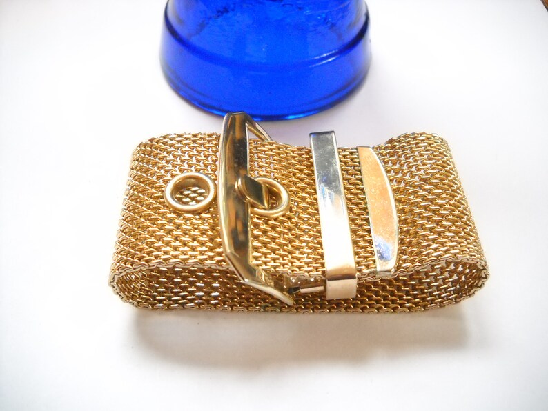 Vintage Buckle Bracelet Wide Gold Tone Mesh Buckle Bracelet Adjustable 1960s Gold Tone Mesh Chain Link Mid Century Boho
