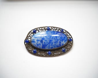 Antique Blue Marbled Glass Brooch with Blue Enamel Brass C clasp Victorian Edwardian Czech