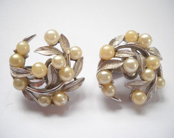 Vintage Crown Trifari Earrings Brushed Silver tone Leaf w Faux Pearls Clip on Earring Designer Signed Statement Earrings Mid Century Gift