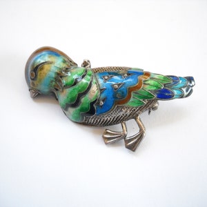 ヴィンテージ中国製ブローチペンダント エナメル 鳥 ダック ブローチペンダント メッシュ シルバー エナメル ヴィンテージ 中国製 ブルー レッド グリーン 七宝焼き エナメル ミッドセンチュリー
